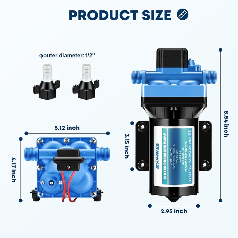Kohree مضخة مياه RV 5.5GPM 55PSI 12V DC مضخة مياه غشاء مع مفتاح ضغط لـ RV، البحرية، اليخوت، الكرفانات. - Image 5